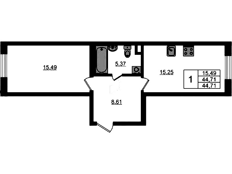 1-комнатная квартира 44.71 м², 1/4 эт., ЖК «Новая история»